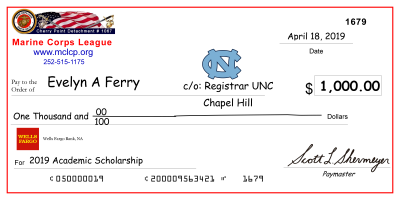 image of large-scale mock check presented to 2019 Cherry Point Detachment scholarship recipient, Evelyn A Ferry